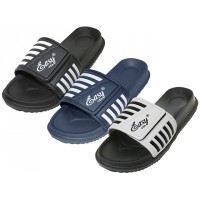 S2060-M - Wholesale Men's "EasyUSA" Velcro Upper With Stripe Slide Sandal ( Asst: Black, Royal & Gray )